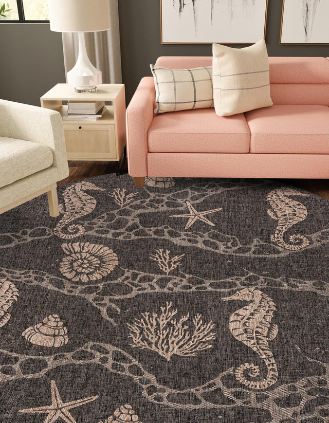 Black 5' 3 x 5' 3 Outdoor Coastal Round Area Rug Weather Resistant for Patio, Deck, Terrace, Balcony, Porch 100% Polypropylene Coastal Decor Carpet for Sale at Rug Engine