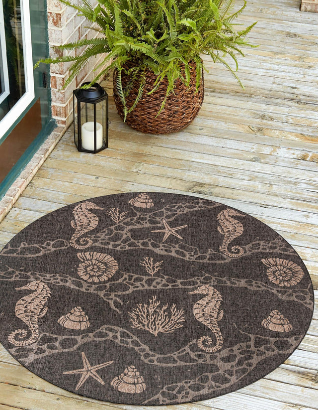 Black 3' 1 x 3' 1 Outdoor Coastal Round Area Rug Weather Resistant for Patio, Deck, Terrace, Balcony, Porch 100% Polypropylene Coastal Decor Carpet for Sale at Rug Engine