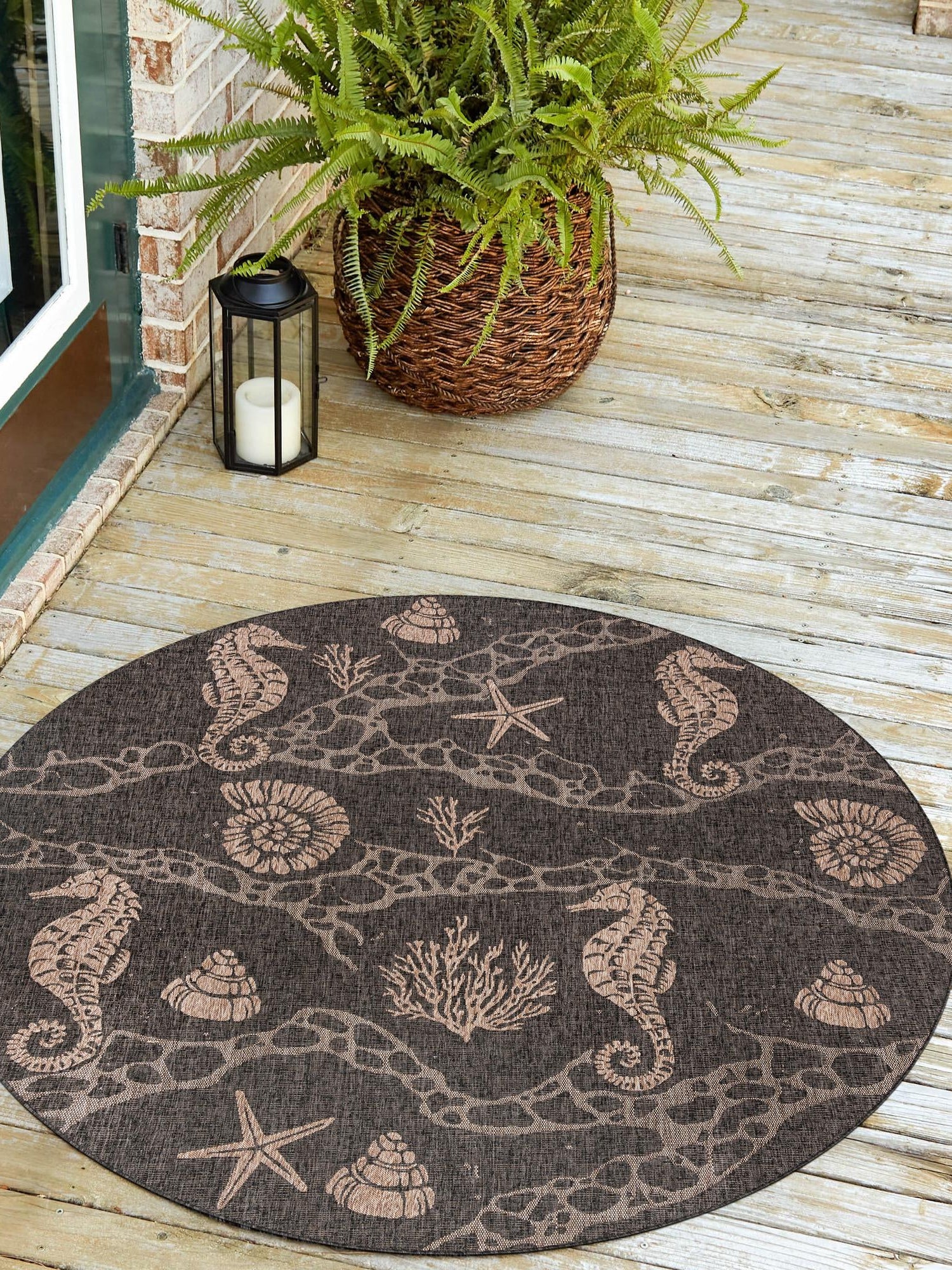 Black 10' x 10' Outdoor Coastal Round Area Rug Weather Resistant for Patio, Deck, Terrace, Balcony, Porch 100% Polypropylene Coastal Decor Carpet for Sale at Rug Engine