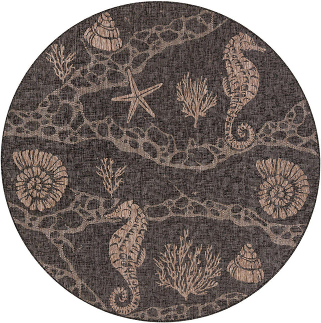 Black 7' 10 x 7' 10 Outdoor Coastal Round Area Rug Weather Resistant for Patio, Deck, Terrace, Balcony, Porch 100% Polypropylene Coastal Decor Carpet for Sale at Rug Engine