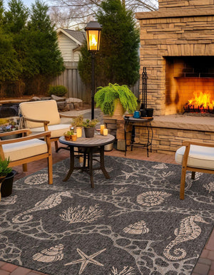 Black 10' x 10' Outdoor Coastal Square Area Rug Weather Resistant for Patio, Deck, Terrace, Balcony, Porch 100% Polypropylene Coastal Decor Carpet for Sale at Rug Engine