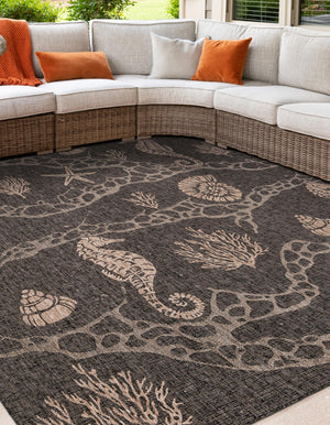 Black 10' x 10' Outdoor Coastal Square Area Rug Weather Resistant for Patio, Deck, Terrace, Balcony, Porch 100% Polypropylene Coastal Decor Carpet for Sale at Rug Engine