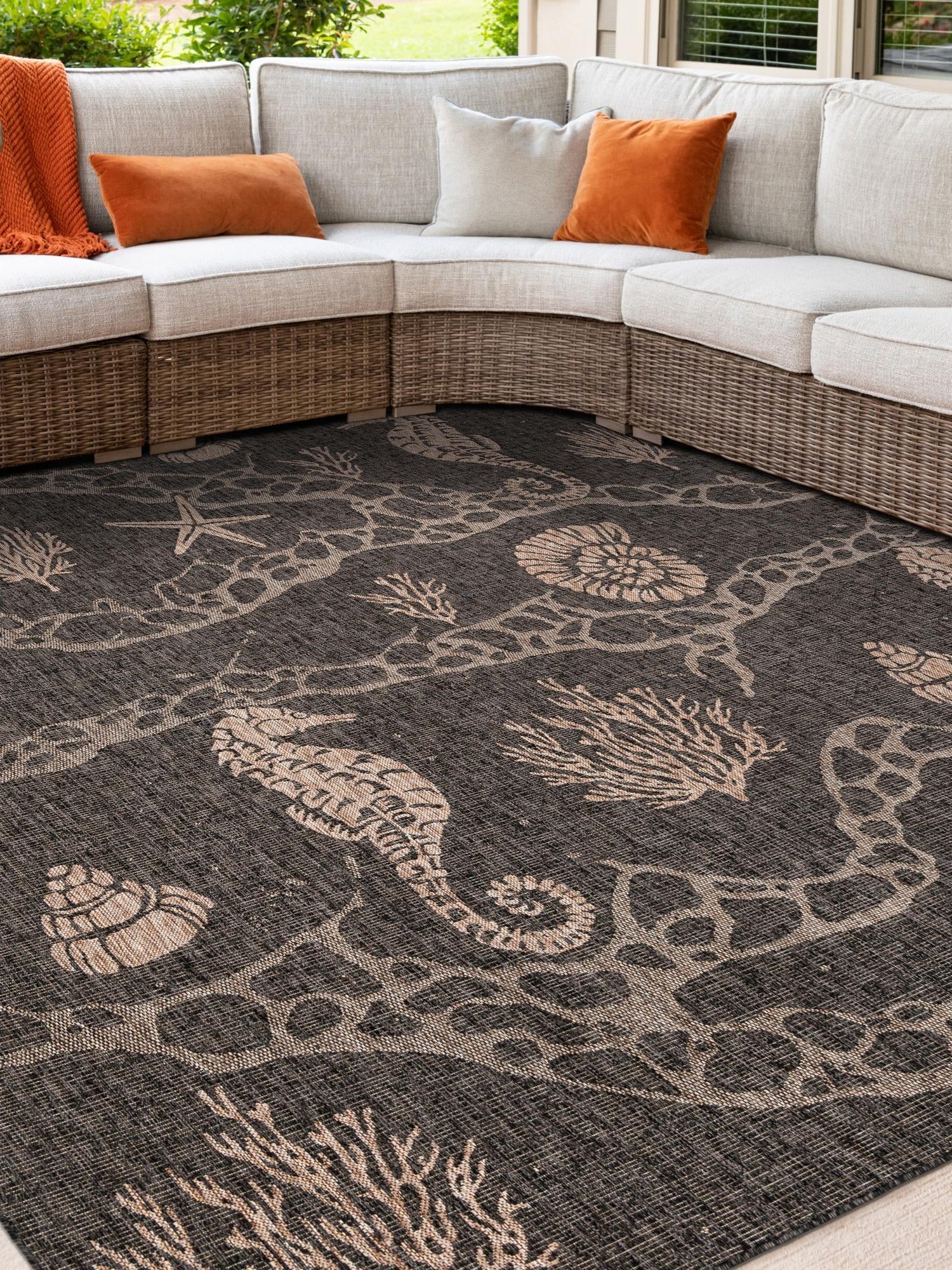 Black 7' 10 x 7' 10 Outdoor Coastal Square Area Rug Weather Resistant for Patio, Deck, Terrace, Balcony, Porch 100% Polypropylene Coastal Decor Carpet for Sale at Rug Engine