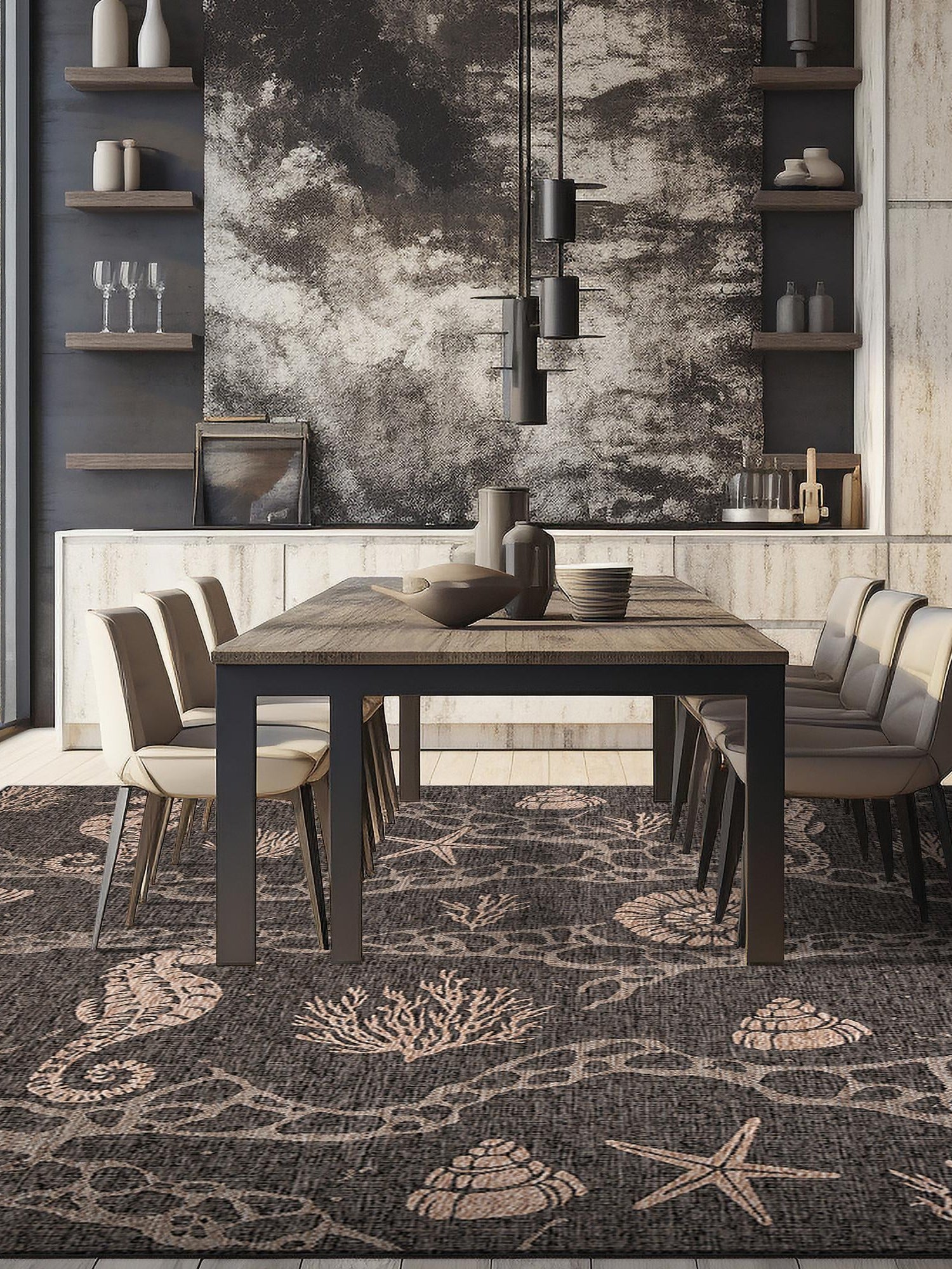 Black 7' 10 x 7' 10 Outdoor Coastal Square Area Rug Weather Resistant for Patio, Deck, Terrace, Balcony, Porch 100% Polypropylene Coastal Decor Carpet for Sale at Rug Engine