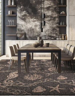 Black 7' 10 x 7' 10 Outdoor Coastal Square Area Rug Weather Resistant for Patio, Deck, Terrace, Balcony, Porch 100% Polypropylene Coastal Decor Carpet for Sale at Rug Engine