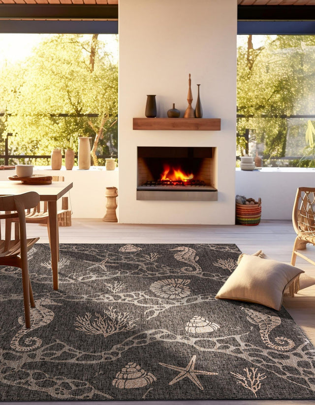 Black 10' x 10' Outdoor Coastal Square Area Rug Weather Resistant for Patio, Deck, Terrace, Balcony, Porch 100% Polypropylene Coastal Decor Carpet for Sale at Rug Engine