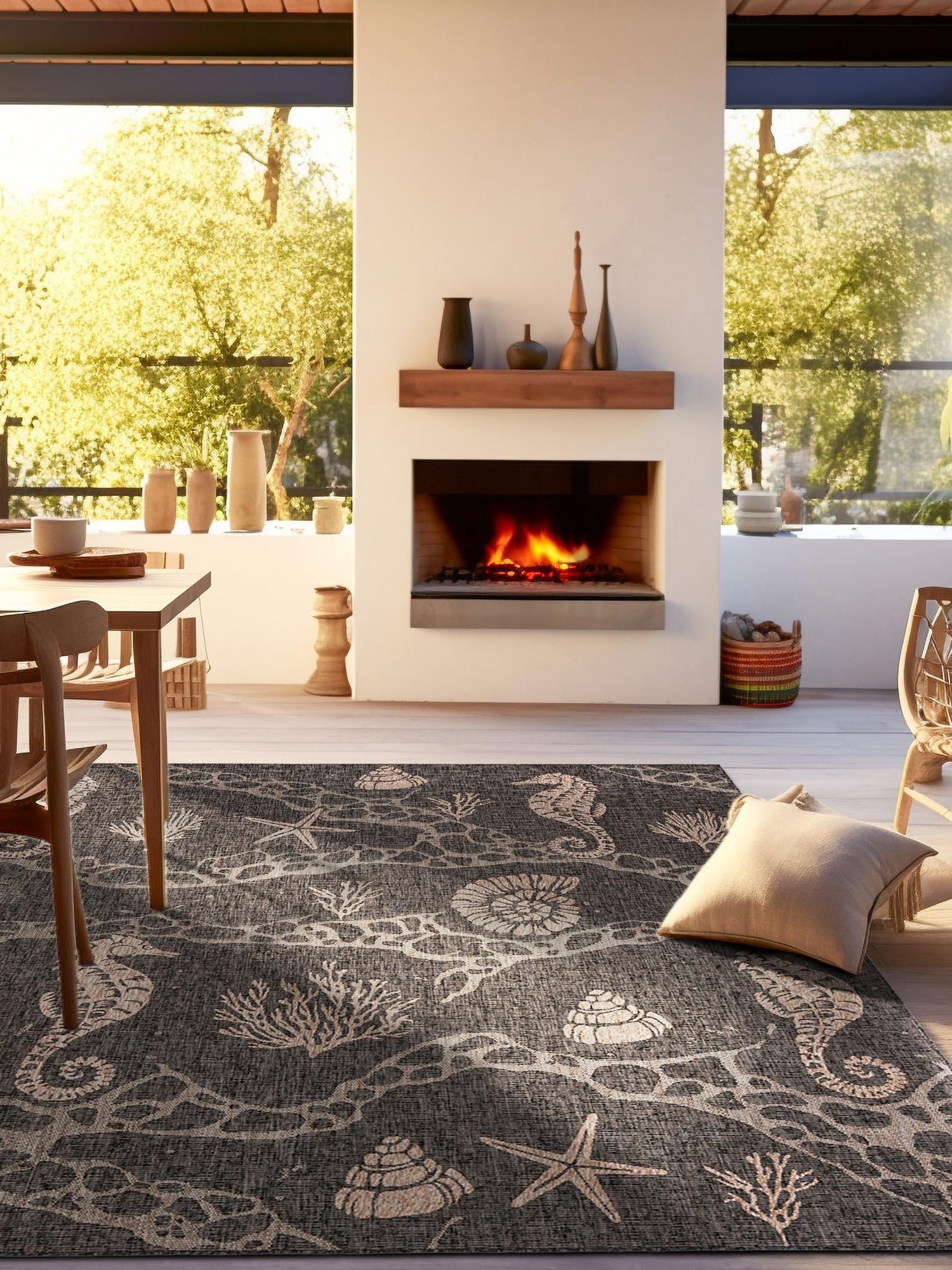 Black 12' x 12' Outdoor Coastal Square Area Rug Weather Resistant for Patio, Deck, Terrace, Balcony, Porch 100% Polypropylene Coastal Decor Carpet for Sale at Rug Engine