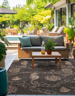 Black 10' x 10' Outdoor Coastal Square Area Rug Weather Resistant for Patio, Deck, Terrace, Balcony, Porch 100% Polypropylene Coastal Decor Carpet for Sale at Rug Engine