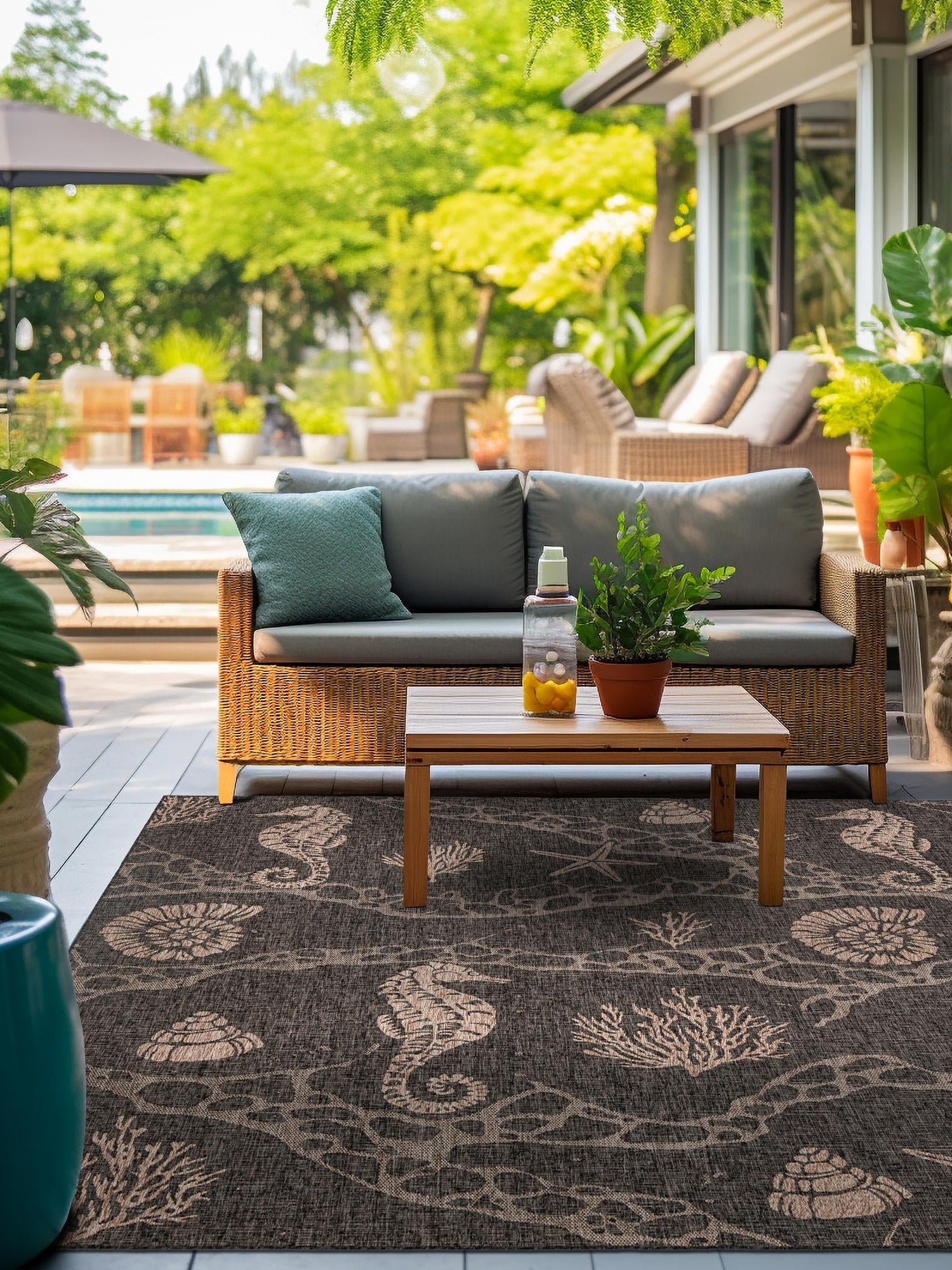 Black 7' 10 x 7' 10 Outdoor Coastal Square Area Rug Weather Resistant for Patio, Deck, Terrace, Balcony, Porch 100% Polypropylene Coastal Decor Carpet for Sale at Rug Engine