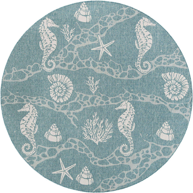Aqua 10' x 10' Outdoor Coastal Round Area Rug Weather Resistant for Patio, Deck, Terrace, Balcony, Porch 100% Polypropylene Coastal Decor Carpet for Sale at Rug Engine