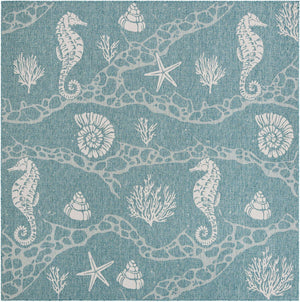 Aqua 10' x 10' Outdoor Coastal Square Area Rug Weather Resistant for Patio, Deck, Terrace, Balcony, Porch 100% Polypropylene Coastal Decor Carpet for Sale at Rug Engine