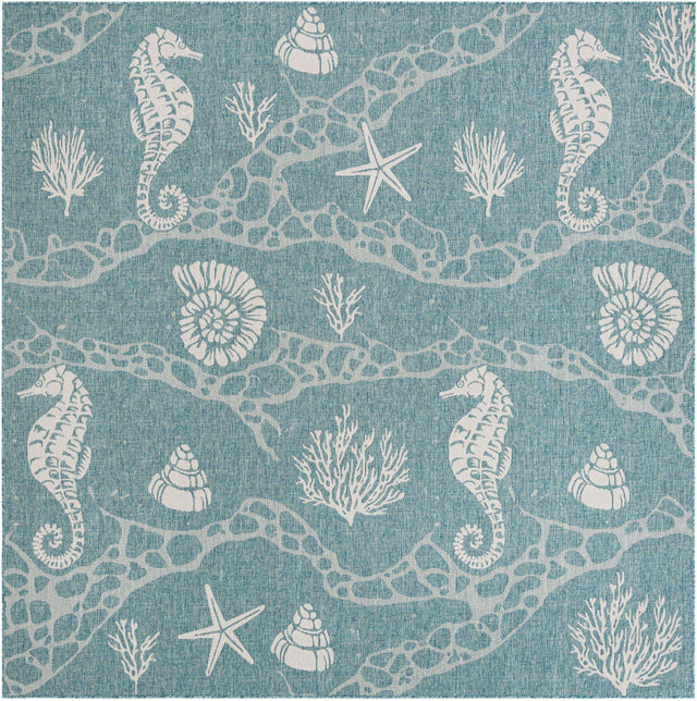 Aqua 10' x 10' Outdoor Coastal Square Area Rug Weather Resistant for Patio, Deck, Terrace, Balcony, Porch 100% Polypropylene Coastal Decor Carpet for Sale at Rug Engine