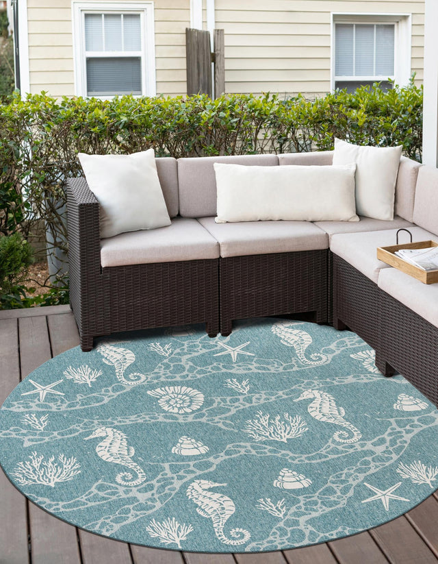 Aqua 3' 1 x 3' 1 Outdoor Coastal Round Area Rug Weather Resistant for Patio, Deck, Terrace, Balcony, Porch 100% Polypropylene Coastal Decor Carpet for Sale at Rug Engine