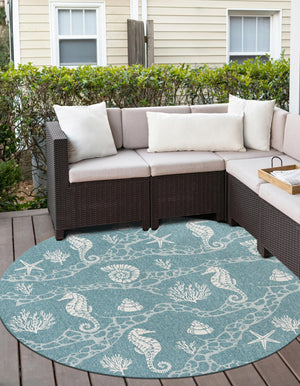 Aqua 5' 3 x 5' 3 Outdoor Coastal Round Area Rug Weather Resistant for Patio, Deck, Terrace, Balcony, Porch 100% Polypropylene Coastal Decor Carpet for Sale at Rug Engine