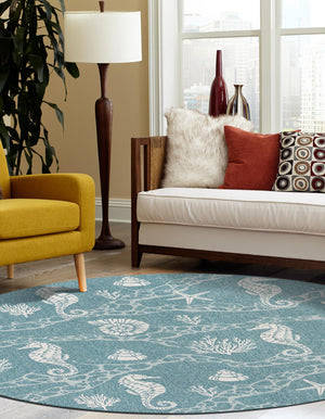 Aqua 3' 1 x 3' 1 Outdoor Coastal Round Area Rug Weather Resistant for Patio, Deck, Terrace, Balcony, Porch 100% Polypropylene Coastal Decor Carpet for Sale at Rug Engine