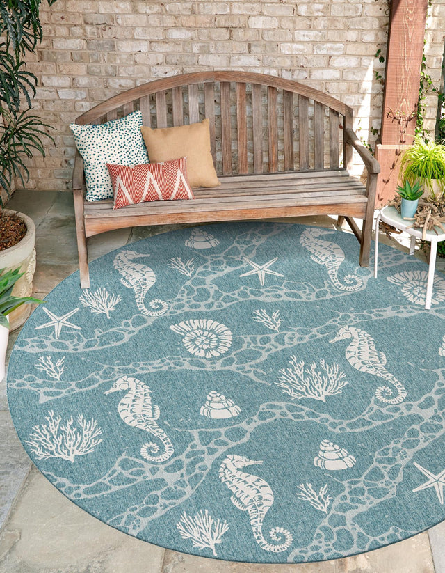 Aqua 7' 10 x 7' 10 Outdoor Coastal Round Area Rug Weather Resistant for Patio, Deck, Terrace, Balcony, Porch 100% Polypropylene Coastal Decor Carpet for Sale at Rug Engine