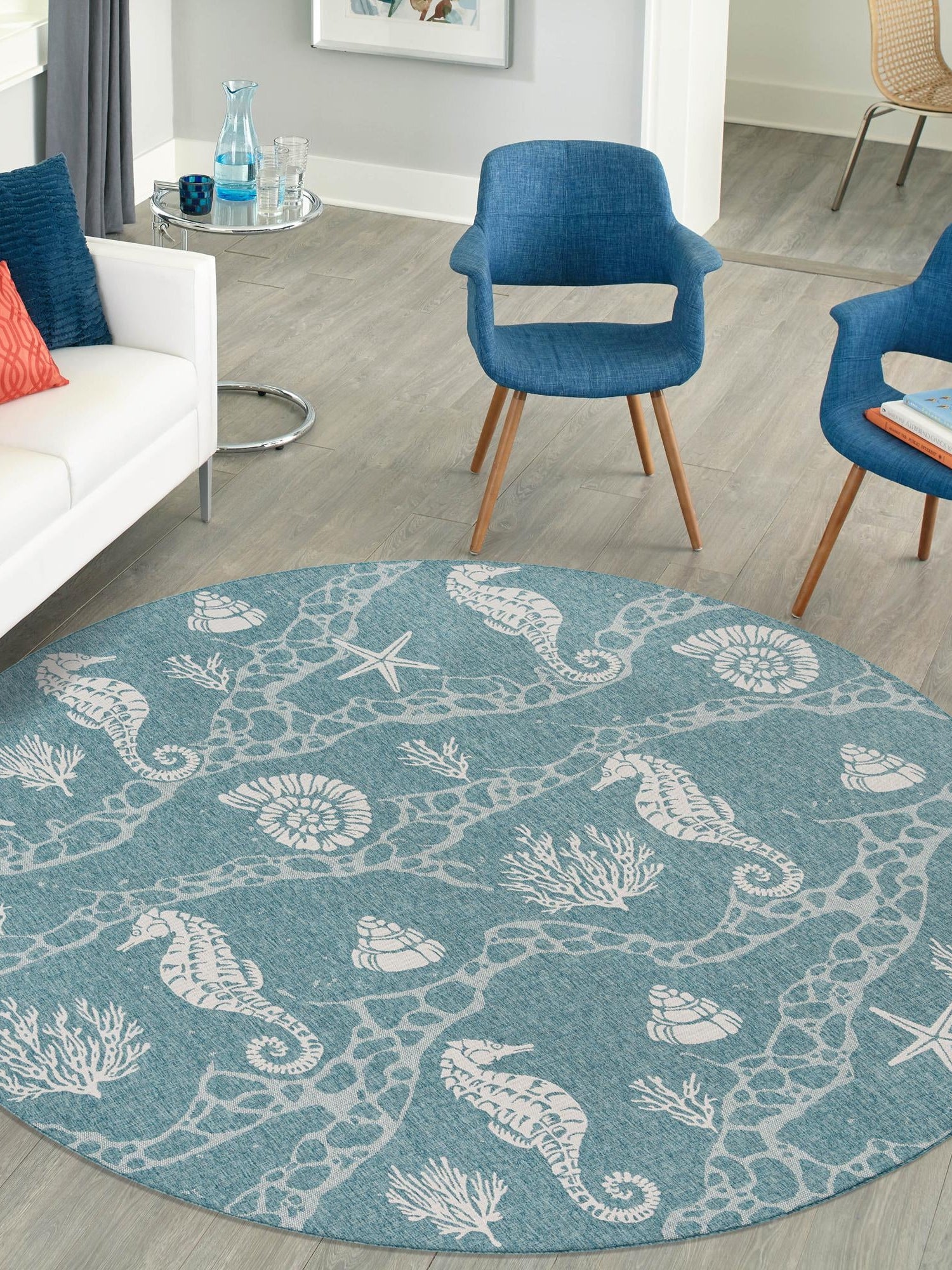 Aqua 12' x 12' Outdoor Coastal Round Area Rug Weather Resistant for Patio, Deck, Terrace, Balcony, Porch 100% Polypropylene Coastal Decor Carpet for Sale at Rug Engine