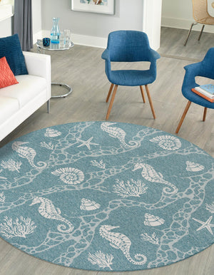 Aqua 3' 1 x 3' 1 Outdoor Coastal Round Area Rug Weather Resistant for Patio, Deck, Terrace, Balcony, Porch 100% Polypropylene Coastal Decor Carpet for Sale at Rug Engine