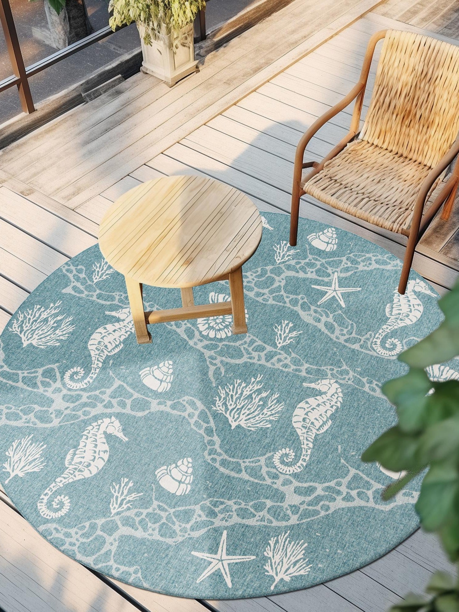Aqua 7' 10 x 7' 10 Outdoor Coastal Round Area Rug Weather Resistant for Patio, Deck, Terrace, Balcony, Porch 100% Polypropylene Coastal Decor Carpet for Sale at Rug Engine