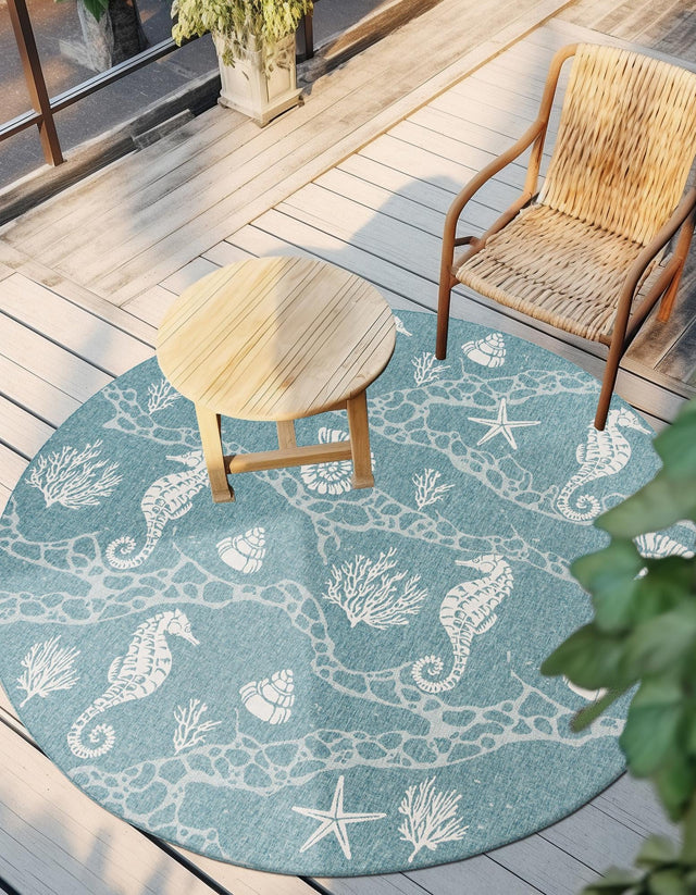 Aqua 3' 1 x 3' 1 Outdoor Coastal Round Area Rug Weather Resistant for Patio, Deck, Terrace, Balcony, Porch 100% Polypropylene Coastal Decor Carpet for Sale at Rug Engine
