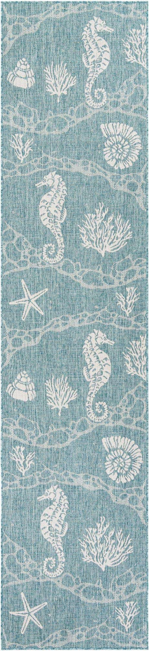 Aqua 2' 7 x 12' Outdoor Coastal Runner Area Rug Weather Resistant for Patio, Deck, Terrace, Balcony, Porch 100% Polypropylene Coastal Decor Carpet for Sale at Rug Engine