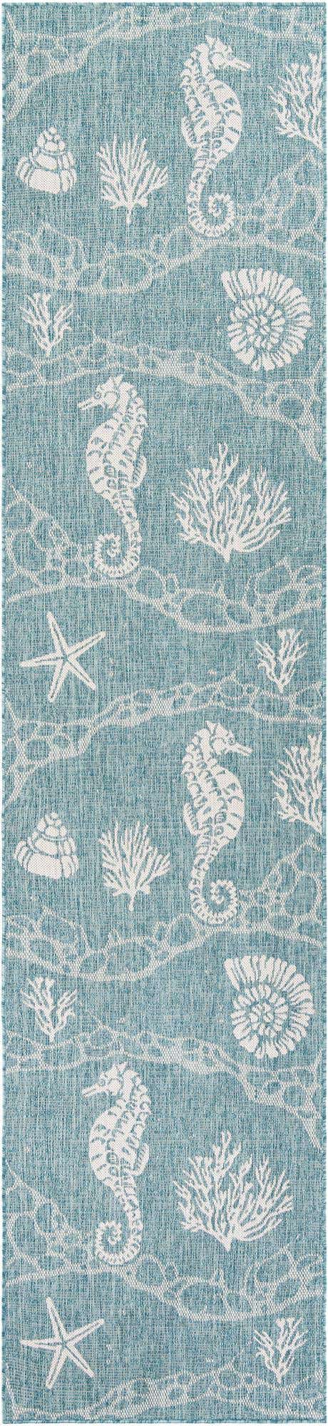 Aqua 2' 7 x 12' Outdoor Coastal Runner Area Rug Weather Resistant for Patio, Deck, Terrace, Balcony, Porch 100% Polypropylene Coastal Decor Carpet for Sale at Rug Engine