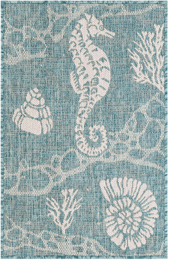 Aqua 2' x 3' 1 Outdoor Coastal Rectangle Area Rug Weather Resistant for Patio, Deck, Terrace, Balcony, Porch 100% Polypropylene Coastal Decor Carpet for Sale at Rug Engine