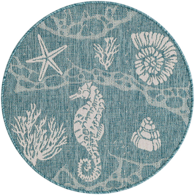 Aqua 3' 1 x 3' 1 Outdoor Coastal Round Area Rug Weather Resistant for Patio, Deck, Terrace, Balcony, Porch 100% Polypropylene Coastal Decor Carpet for Sale at Rug Engine