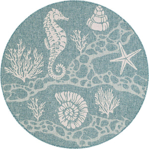 Aqua 5' 3 x 5' 3 Outdoor Coastal Round Area Rug Weather Resistant for Patio, Deck, Terrace, Balcony, Porch 100% Polypropylene Coastal Decor Carpet for Sale at Rug Engine