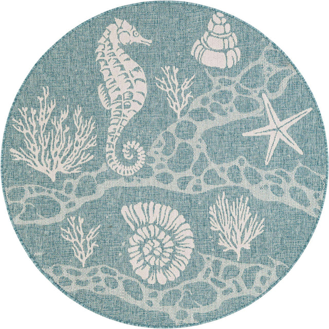 Aqua 5' 3 x 5' 3 Outdoor Coastal Round Area Rug Weather Resistant for Patio, Deck, Terrace, Balcony, Porch 100% Polypropylene Coastal Decor Carpet for Sale at Rug Engine
