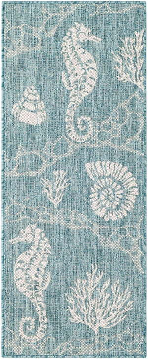Aqua 2' x 5' 3 Outdoor Coastal Runner Area Rug Weather Resistant for Patio, Deck, Terrace, Balcony, Porch 100% Polypropylene Coastal Decor Carpet for Sale at Rug Engine