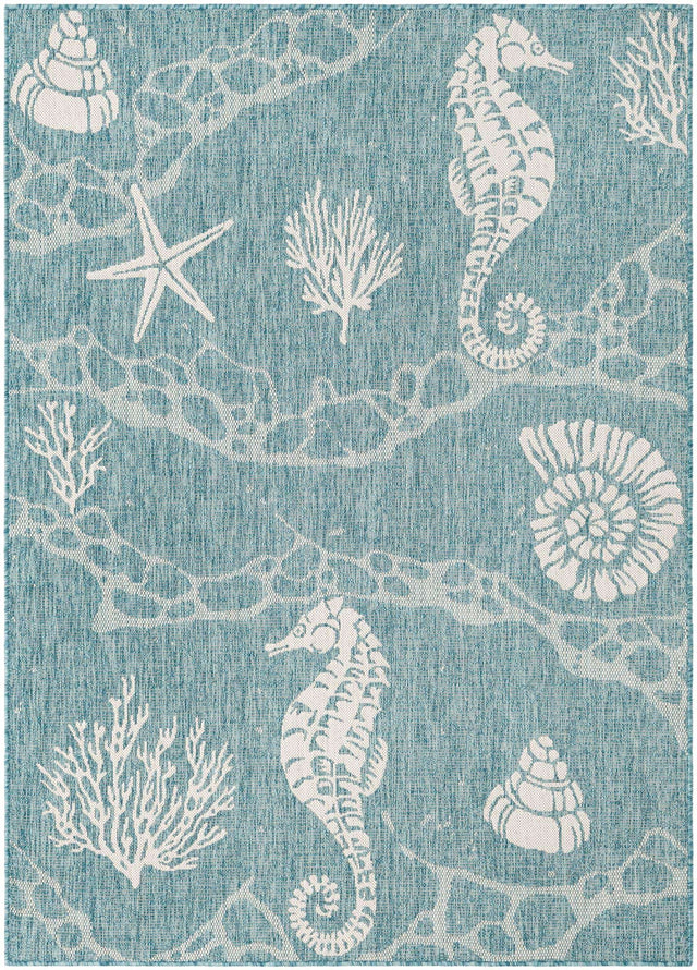 Aqua 5' 3 x 7' 1 Outdoor Coastal Rectangle Area Rug Weather Resistant for Patio, Deck, Terrace, Balcony, Porch 100% Polypropylene Coastal Decor Carpet for Sale at Rug Engine