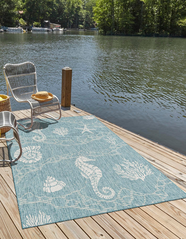Aqua 5' 3 x 8' Outdoor Coastal Rectangle Area Rug Weather Resistant for Patio, Deck, Terrace, Balcony, Porch 100% Polypropylene Coastal Decor Carpet for Sale at Rug Engine