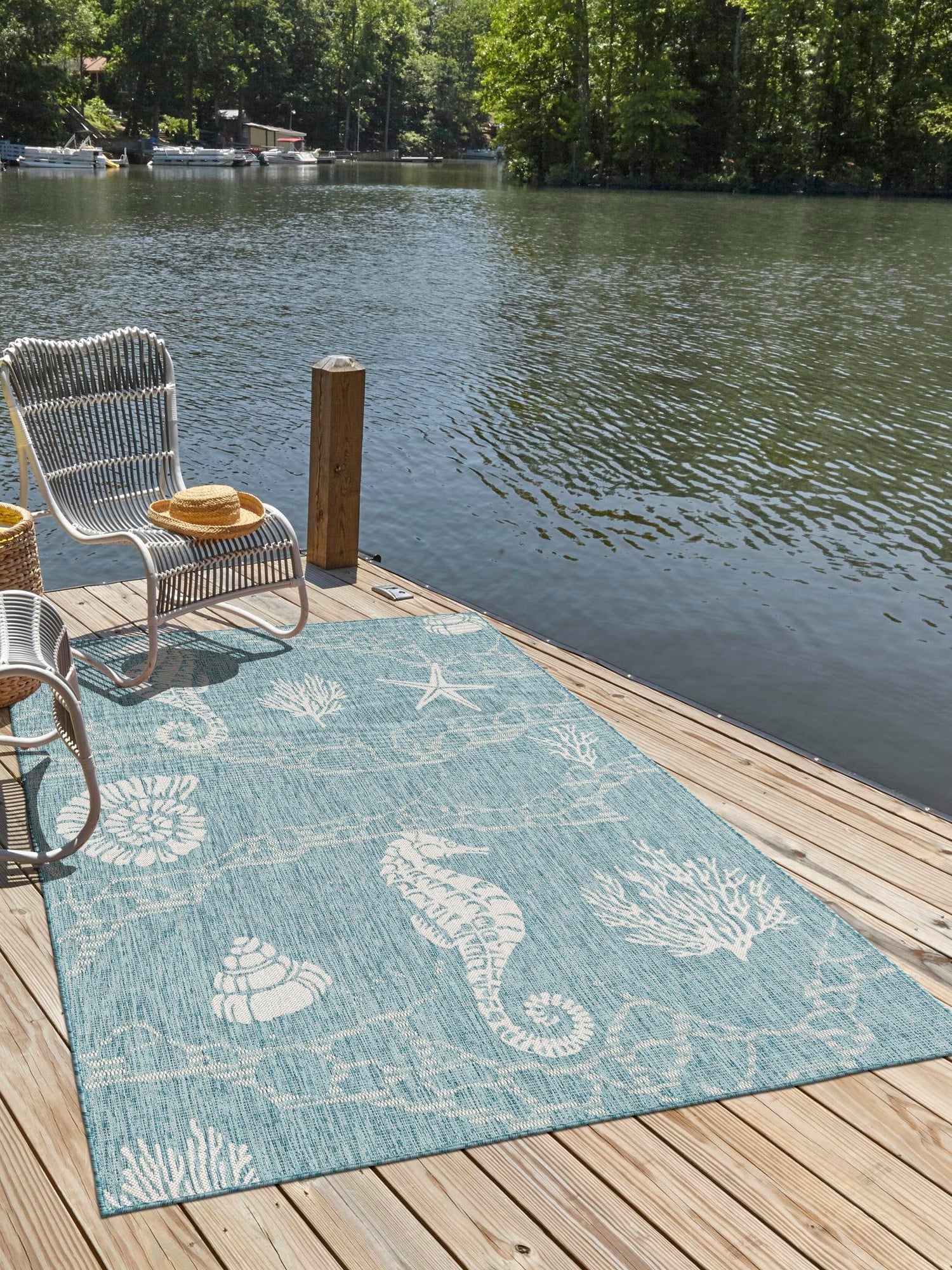 Aqua 4' 1 x 6' 1 Outdoor Coastal Rectangle Area Rug Weather Resistant for Patio, Deck, Terrace, Balcony, Porch 100% Polypropylene Coastal Decor Carpet for Sale at Rug Engine