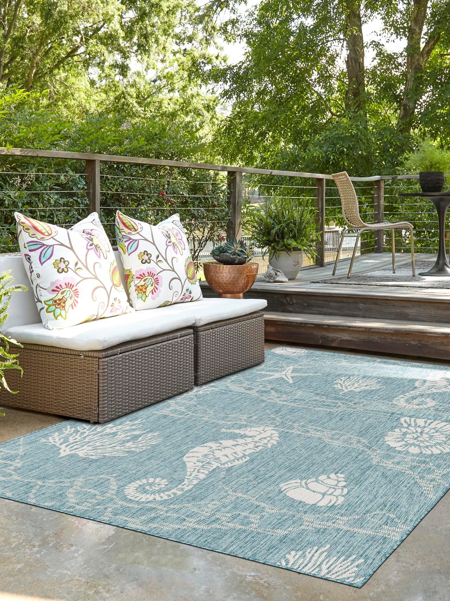 Aqua 4' 1 x 6' 1 Outdoor Coastal Rectangle Area Rug Weather Resistant for Patio, Deck, Terrace, Balcony, Porch 100% Polypropylene Coastal Decor Carpet for Sale at Rug Engine