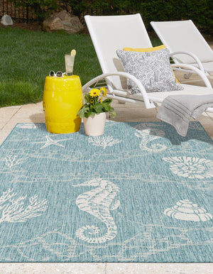 Aqua 2' x 3' 1 Outdoor Coastal Rectangle Area Rug Weather Resistant for Patio, Deck, Terrace, Balcony, Porch 100% Polypropylene Coastal Decor Carpet for Sale at Rug Engine