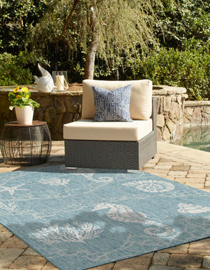 Aqua 5' 3 x 7' 1 Outdoor Coastal Rectangle Area Rug Weather Resistant for Patio, Deck, Terrace, Balcony, Porch 100% Polypropylene Coastal Decor Carpet for Sale at Rug Engine