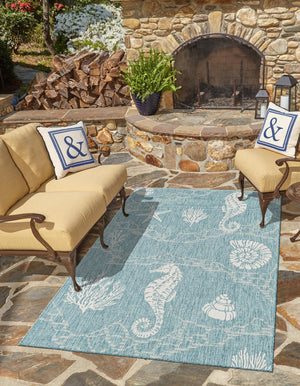 Aqua 5' 3 x 7' 1 Outdoor Coastal Rectangle Area Rug Weather Resistant for Patio, Deck, Terrace, Balcony, Porch 100% Polypropylene Coastal Decor Carpet for Sale at Rug Engine