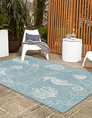 Aqua 9' x 12' Outdoor Coastal Rectangle Area Rug Weather Resistant for Patio, Deck, Terrace, Balcony, Porch 100% Polypropylene Coastal Decor Carpet for Sale at Rug Engine