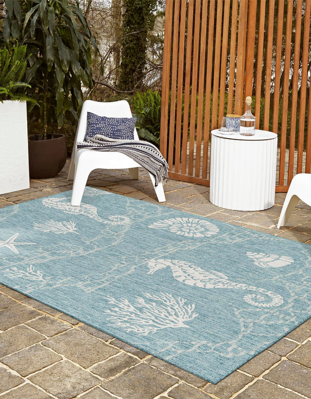 Aqua 9' x 12' Outdoor Coastal Rectangle Area Rug Weather Resistant for Patio, Deck, Terrace, Balcony, Porch 100% Polypropylene Coastal Decor Carpet for Sale at Rug Engine