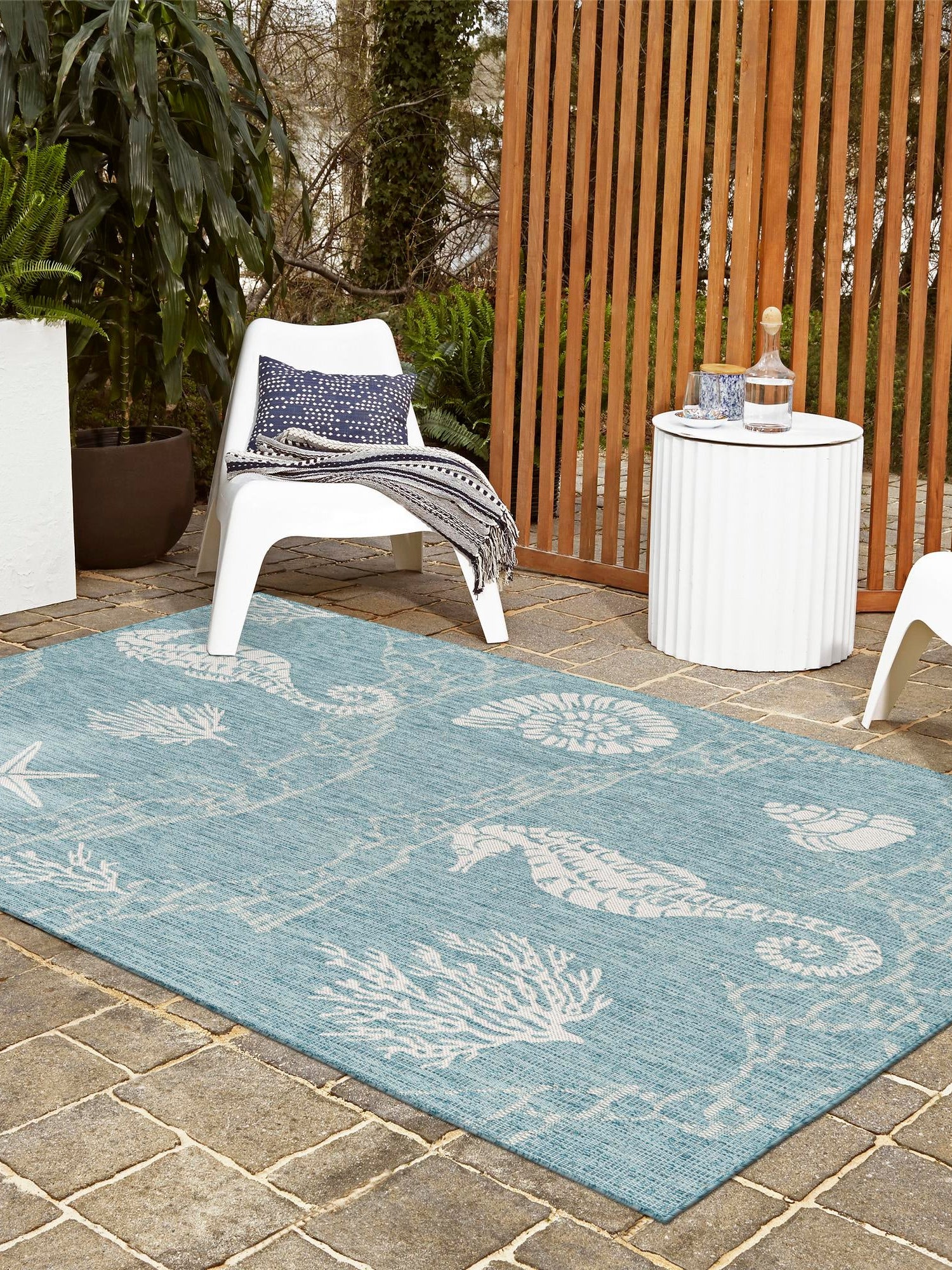Aqua 6' 1 x 9' Outdoor Coastal Rectangle Area Rug Weather Resistant for Patio, Deck, Terrace, Balcony, Porch 100% Polypropylene Coastal Decor Carpet for Sale at Rug Engine
