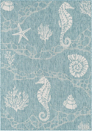 Aqua 5' 3 x 8' Outdoor Coastal Rectangle Area Rug Weather Resistant for Patio, Deck, Terrace, Balcony, Porch 100% Polypropylene Coastal Decor Carpet for Sale at Rug Engine