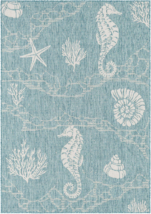 Aqua 5' 3 x 8' Outdoor Coastal Rectangle Area Rug Weather Resistant for Patio, Deck, Terrace, Balcony, Porch 100% Polypropylene Coastal Decor Carpet for Sale at Rug Engine