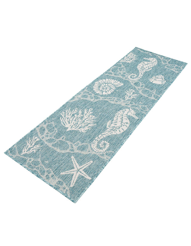 Aqua 2' x 6' 1 Outdoor Coastal Runner Area Rug Weather Resistant for Patio, Deck, Terrace, Balcony, Porch 100% Polypropylene Coastal Decor Carpet for Sale at Rug Engine
