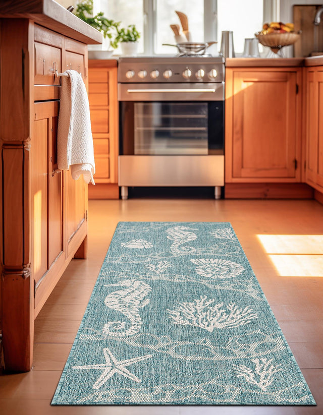 Aqua 2' x 6' 1 Outdoor Coastal Runner Area Rug Weather Resistant for Patio, Deck, Terrace, Balcony, Porch 100% Polypropylene Coastal Decor Carpet for Sale at Rug Engine