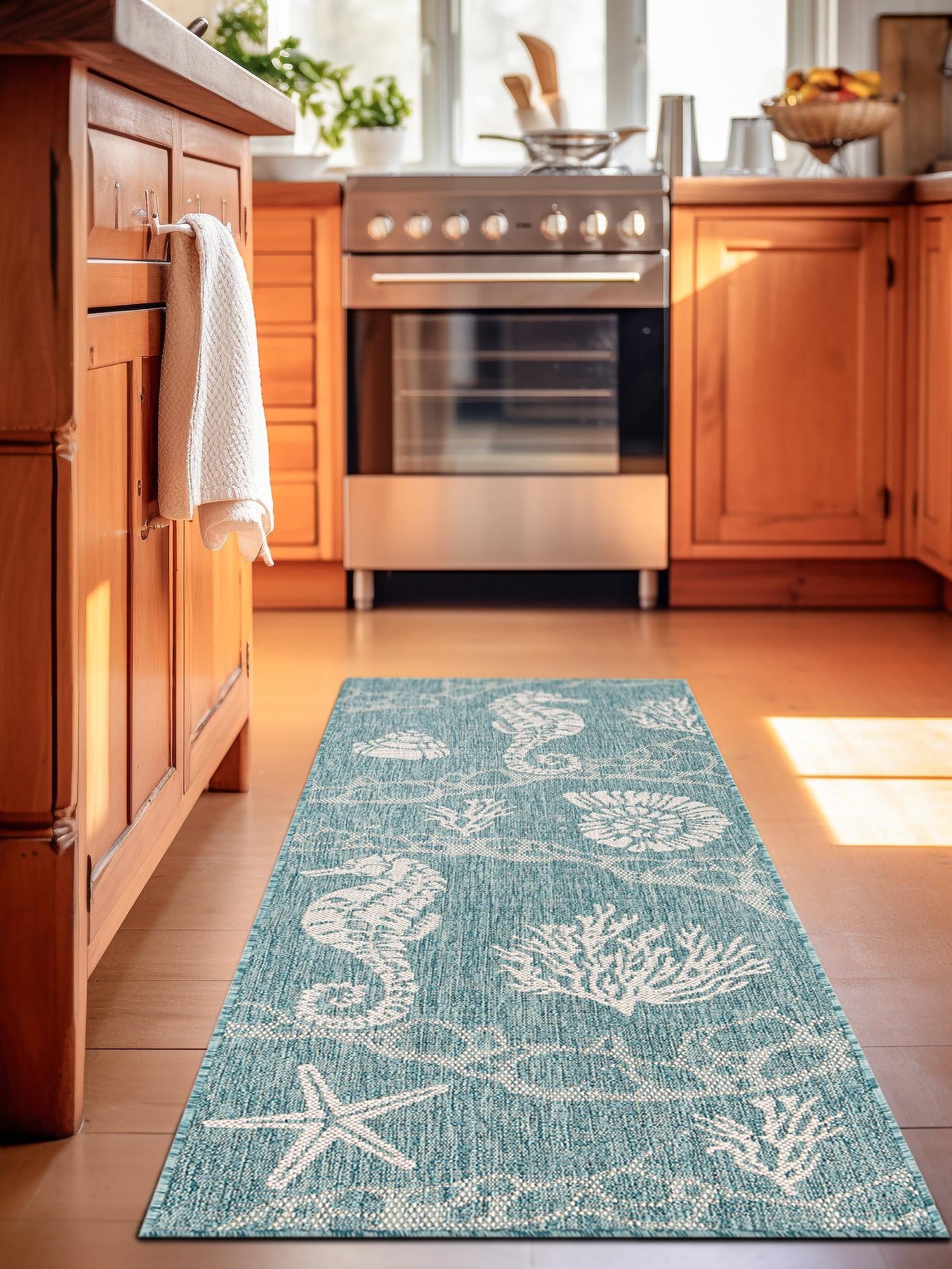 Aqua 2' x 5' 3 Outdoor Coastal Runner Area Rug Weather Resistant for Patio, Deck, Terrace, Balcony, Porch 100% Polypropylene Coastal Decor Carpet for Sale at Rug Engine