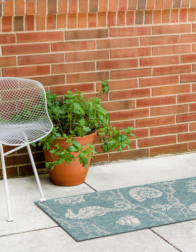 Aqua 2' x 5' 3 Outdoor Coastal Runner Area Rug Weather Resistant for Patio, Deck, Terrace, Balcony, Porch 100% Polypropylene Coastal Decor Carpet for Sale at Rug Engine