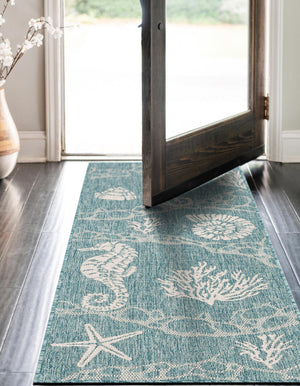 Aqua 2' x 6' 1 Outdoor Coastal Runner Area Rug Weather Resistant for Patio, Deck, Terrace, Balcony, Porch 100% Polypropylene Coastal Decor Carpet for Sale at Rug Engine