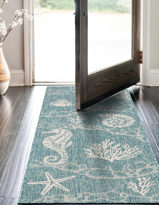 Aqua 2' x 6' 1 Outdoor Coastal Runner Area Rug Weather Resistant for Patio, Deck, Terrace, Balcony, Porch 100% Polypropylene Coastal Decor Carpet for Sale at Rug Engine