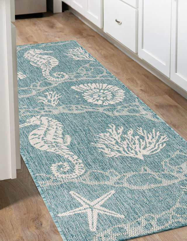Aqua 2' x 6' 1 Outdoor Coastal Runner Area Rug Weather Resistant for Patio, Deck, Terrace, Balcony, Porch 100% Polypropylene Coastal Decor Carpet for Sale at Rug Engine